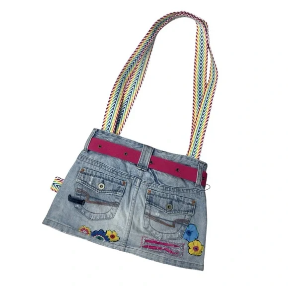 Handmade Upcycled Denim Floral Patch Mini Skirt Rainbow Strap Shoulder Bag - Picture 3 of 13